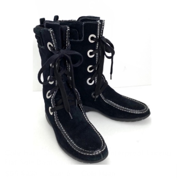 COLE Haan Winter Fur Lined Waterproof Suede Lace up Flat Boots in Black - Picture 4 of 10